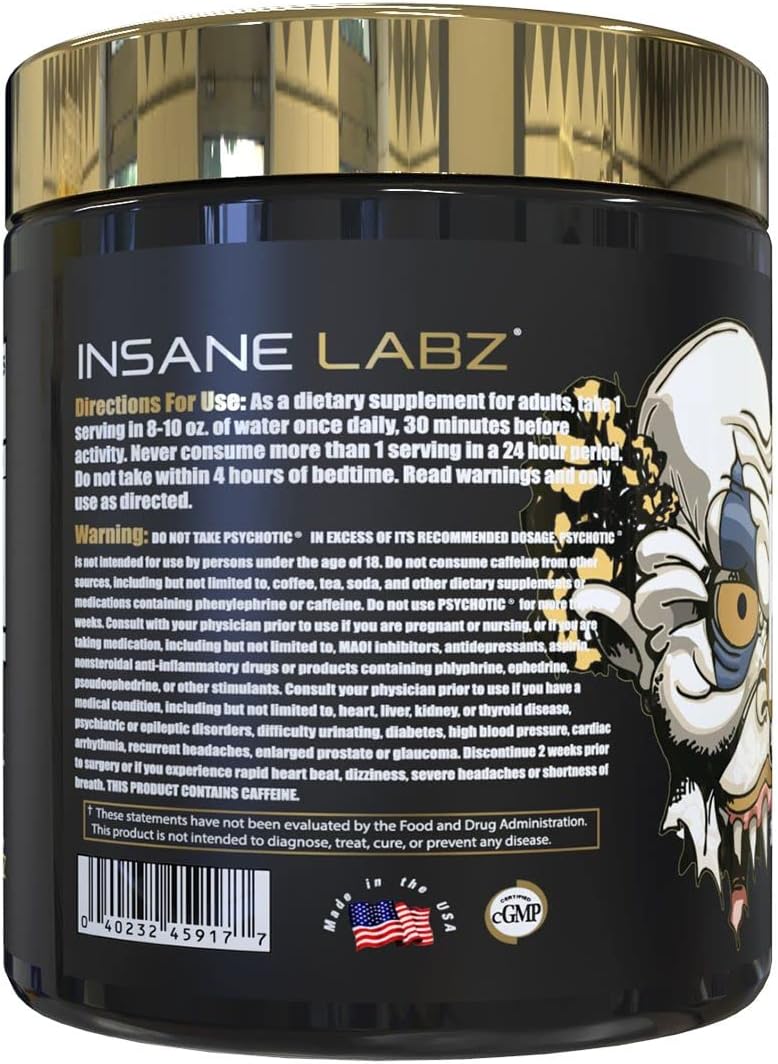 Insane Labz Psychotic Gold, High Stimulant Pre Workout Powder, Extreme Lasting Energy Focus, Pumps and Endurance with Beta Alanine, DMAE Bitartrate, NO Booster (35 Servings, Gummy Candy)