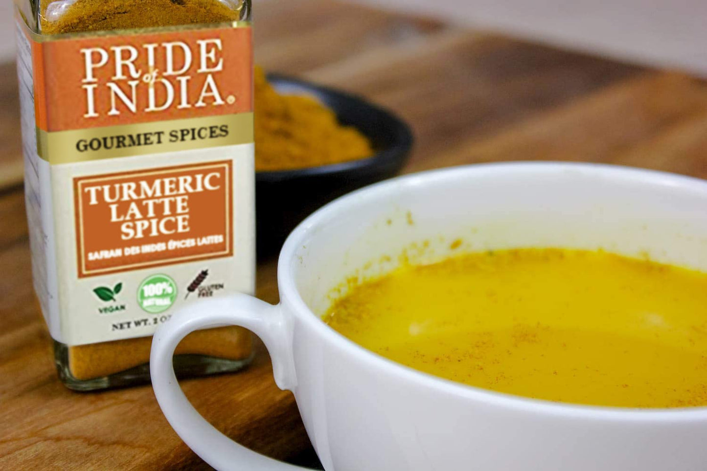 Pride of India – Turmeric Latte Spice Mix – Gourmet & Warm Tea Spice Blend – Healthy/Gluten-Free – Ideal for Lattes/Smoothies/Golden Milk – Easy to Use – 2 oz. Small Dual Sifter Bottle