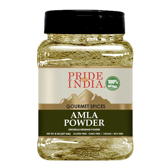 Pride of India - PACK of 6 - Amla Powder – Gourmet Spice – Tangy & Savory – Pure Indian Gooseberry Ground – Antioxidant Rich – GMO/Gluten Free – Easy to Use – 7 oz. Medium Dual Sifter Jar