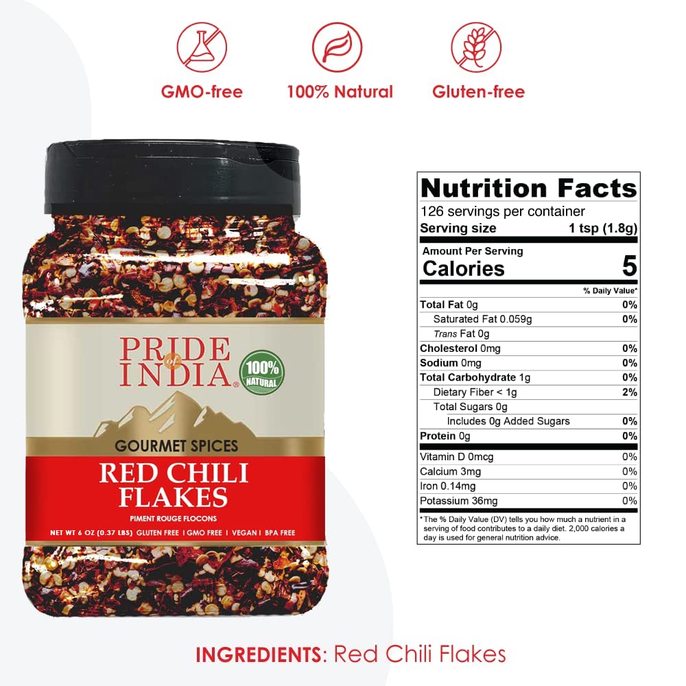 Pride of India - PACK of 6 - Red Chili Flakes – Gourmet Spice/Culinary-Pleasant Heat/Distinct Flavor & Aroma-Sprinkle onto Pizza/Pasta/Flatbread-Easy to Store-6 oz. Medium Dual Sifter Jar