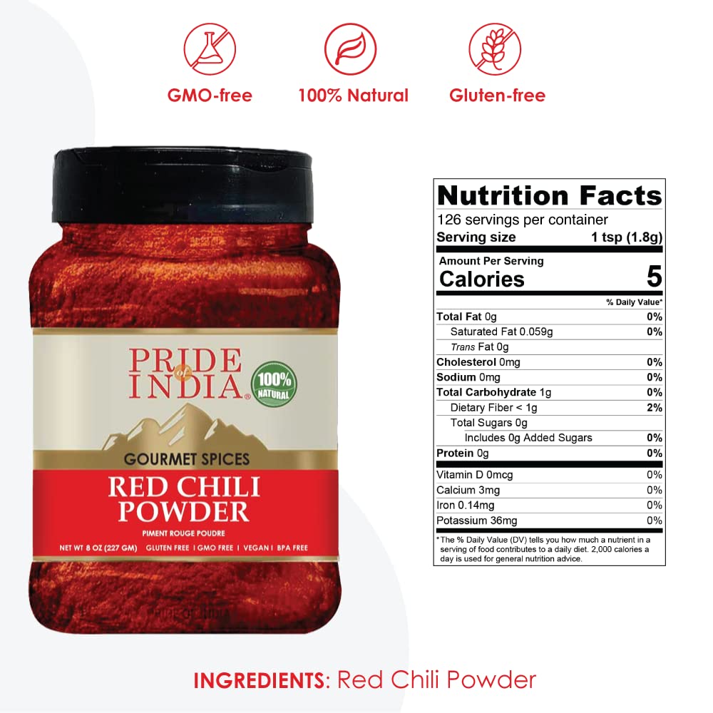 Pride Of India - PACK of 6 - Red Chili Ground – Traditional Indian Spice – Ideal for Gourmet & Savory Dishes Dishes – GMO/Gluten Free – Easy to Store - 8oz. Medium Dual Sifter Jar
