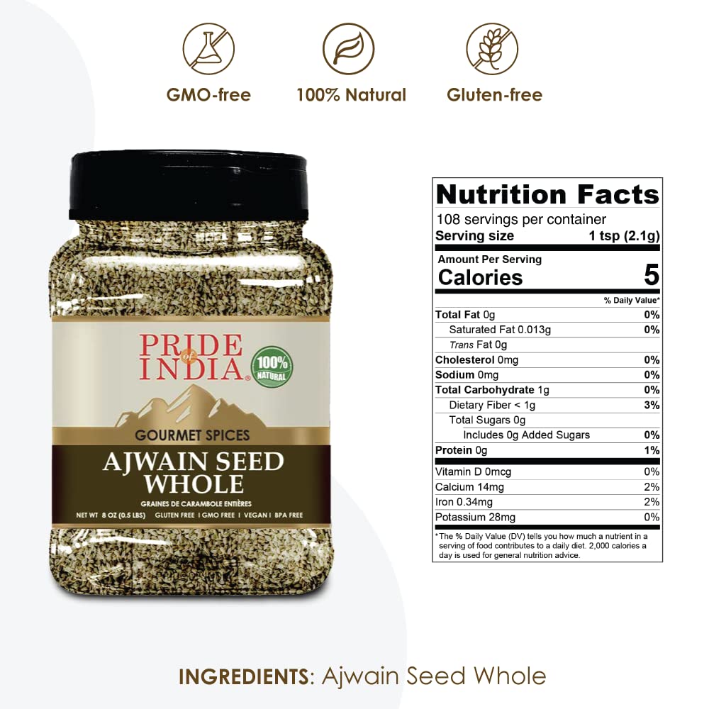 Pride of India | Ajwain Seed Whole 7 oz (200 gm) Medium Dual Sifter Jar | Gourmet Carom Seeds | Flavoring agent for Savory Dishes | Aromatic & Nutrient Dense | Easy to Use