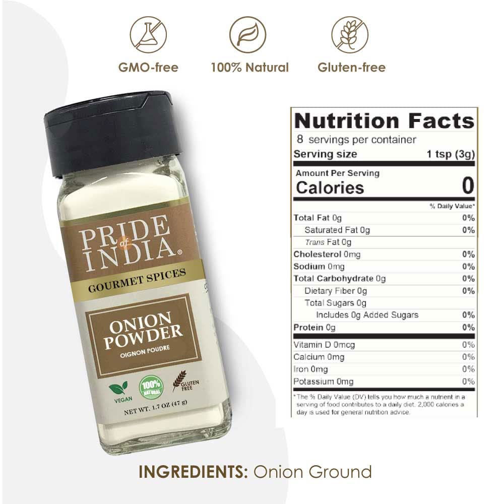 Pride of India – Onion Fine Ground – Gourmet Spice for Cooking – Pantry Essential – Adds Flavor to Sauces/Dips/Rubs/Marinades – Easy to Use – 1.7 oz. Small Dual Sifter Jar