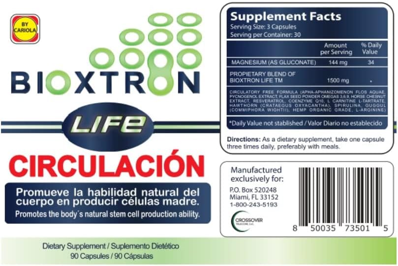 Bioxtron Life Circulacion Natural AFA Stem Cell Supplement 90 Capsules - Stem Cell Production - Supports Circulation - Energy Levels - Promotes Healthy Joint & Muscle