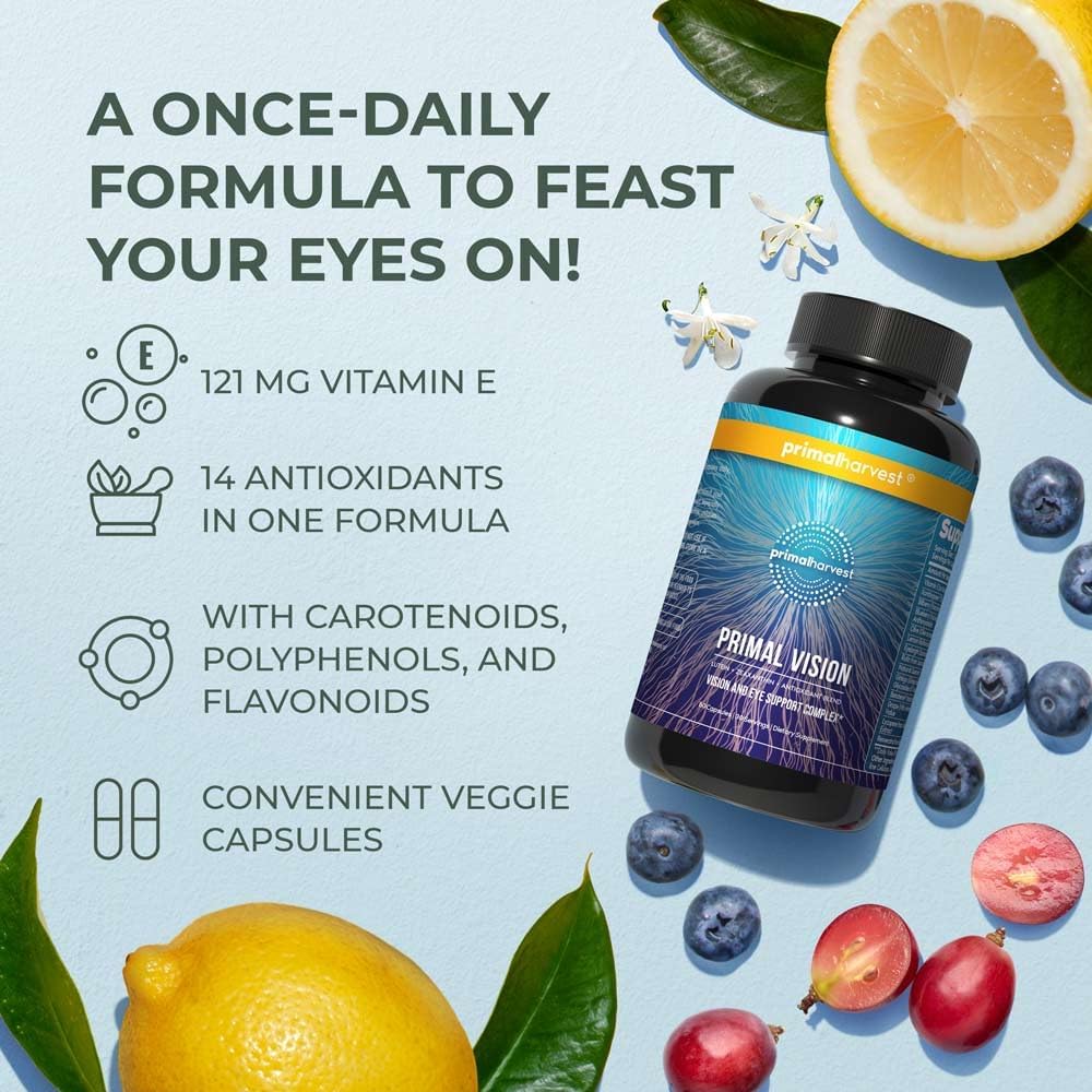 Primal Harvest Vision and Eye Support Complex with Lutein, Zeaxanthin Plus Vitamin E, Bilberry Extract, and Blueberry Extract for Overall Eye Health for Men and Women, 60 Capsules