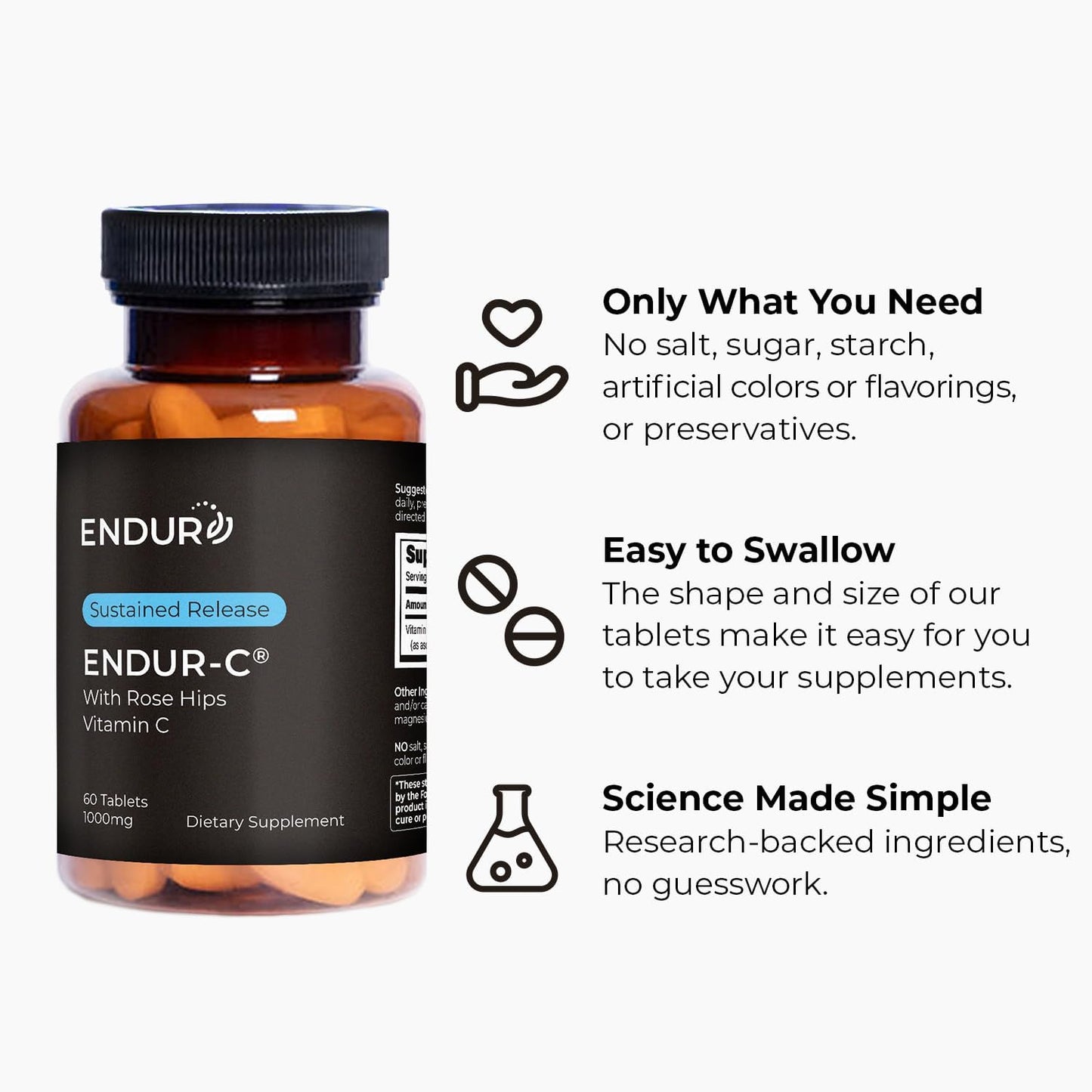 Endur ENDUR-C Vitamin C with Rose HIPS, Supports Collagen Production, Antioxidant Protection & Gentle Digestion, Gluten Free, 1000mg (60 Tablets)