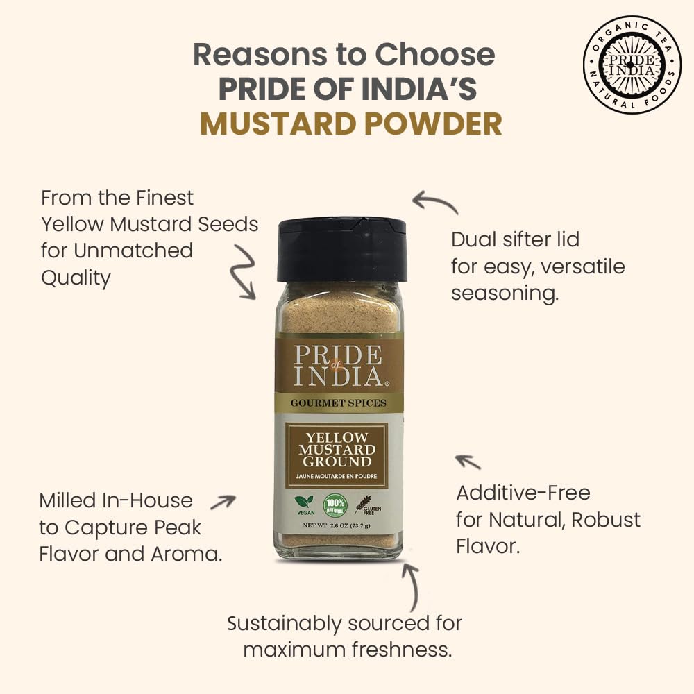 Pride of India Yellow Mustard Ground | Gourmet Spice Powder for Pickles, Sauces, Hotdogs & Dressings | Fine Mustard Powder | Preservative-Free | Easy to Use Small Dual Sifter Jar 2.6 oz