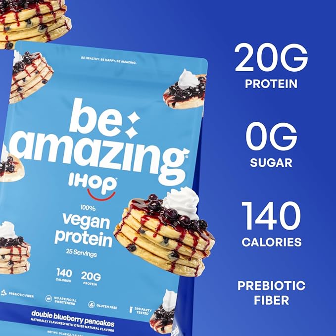 BE AMAZING Vegan Protein Powder, IHOP Double Blueberry Pancakes, 20g Plant Based Protein with Prebiotic Fiber, Low Carb, Dairy and Gluten Free Shake Mix, No Added Sugar, 29.3 oz, 25 Servings