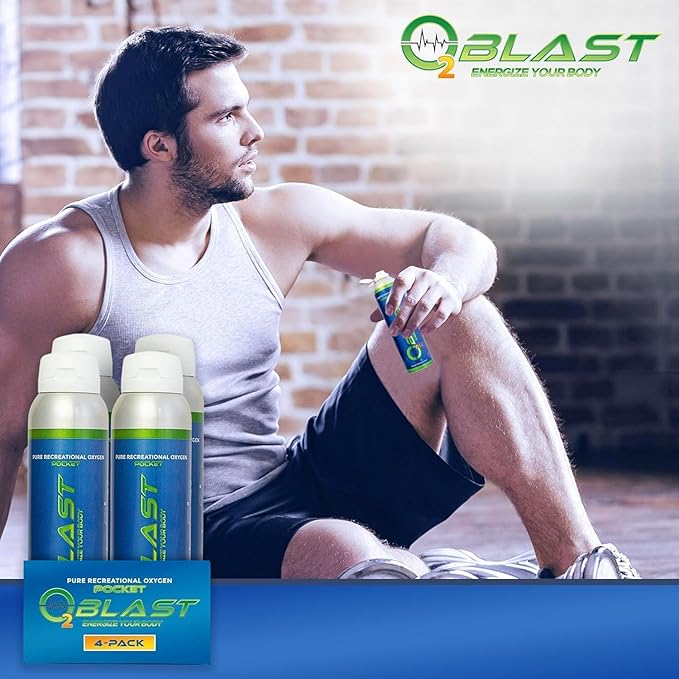 O2 Blast - Pure Oxygen Supplement - Filled with 99.99% Pure Oxygen to Support Fast Recovery, Increase Stamina & Enhance Focus for High Altitude and Action Sports, 4L Portable Can Flip-Top Cap, 4-Pack
