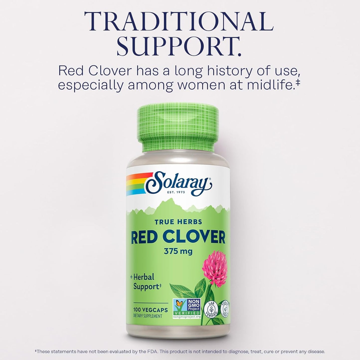 SOLARAY Red Clover 375 mg - Traditional Women's Health Herbal Support - Non-GMO Verified, Vegan, Lab Verified - 60-Day Guarantee - 100 Servings, 100 VegCaps
