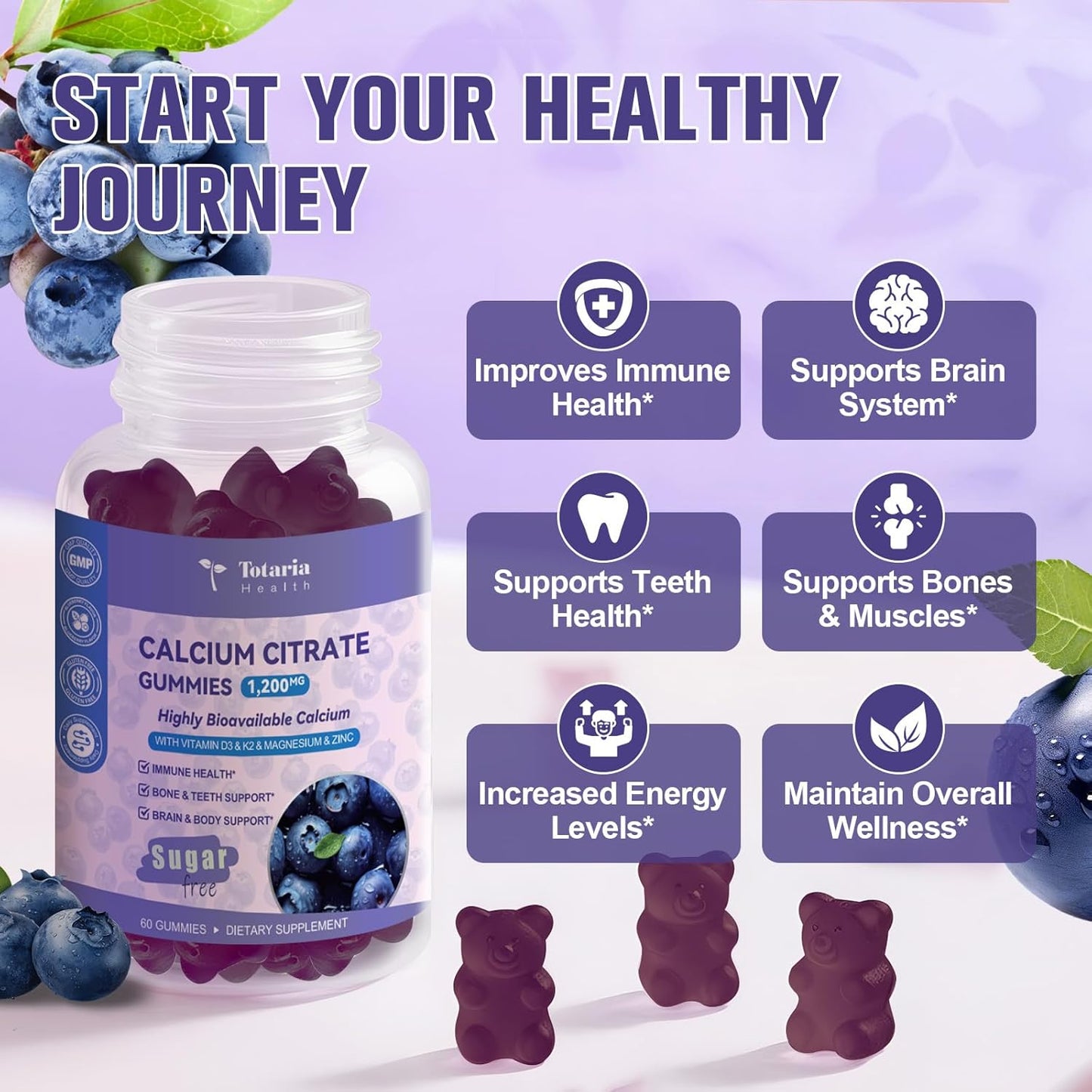 2 Pack Calcium Citrate Gummies 1200 mg - Calcium Supplements for Women with Vitamin D3 & K2,Magnesium,Zinc - Sugar Free Calcium Gummies for Bone & Teeth & Immune Support- Blueberry Flavor