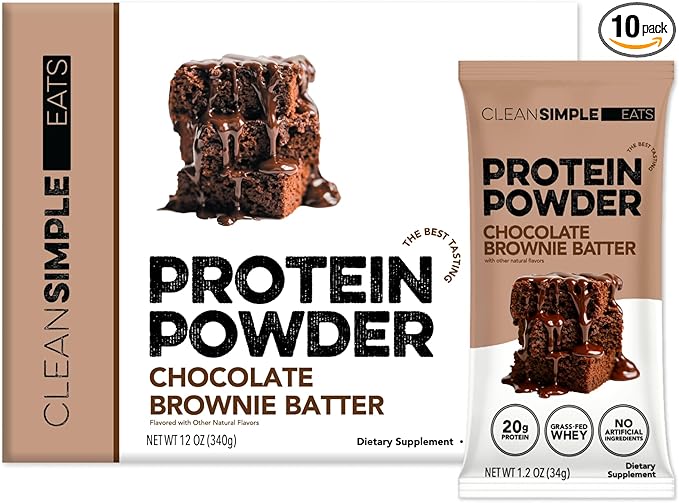 Clean Simple Eats Whey Protein Powder, Chocolate Brownie Batter Flavor, Naturally Sweetened, 100% Grass Fed Protein Powder, Digestive Enzymes & No Artificial Ingredients, Gluten Free, 10 Stick Packs