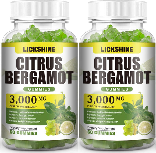 2 Pack 3000MG Citrus Bergamot Gummies - Citrus Bergamot Extract Cholesterol Lowering Supplement for Immune Support Anti-Aging, Hight Cholesterol Sugar-Free Vegan Lime Flavor 120 Cts