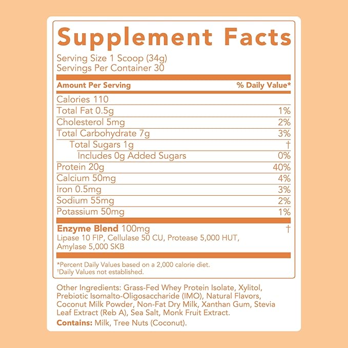 Clean Simple Eats Whey Protein Powder, Coconut Cream Flavor Naturally Sweetened, 100% Grass Fed Protein Powder with Digestive Enzymes & No Artificial Ingredients, Gluten Free, 30 Servings