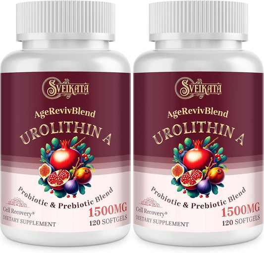Urolithin A Supplement 1500mg – Advanced Urolithin Formula with Probiotic & Prebiotic Complex and 30% Pomegranate Extract – for Energy, Mitochondrial & Antioxidants – 120 Softgels (2 Bottles)