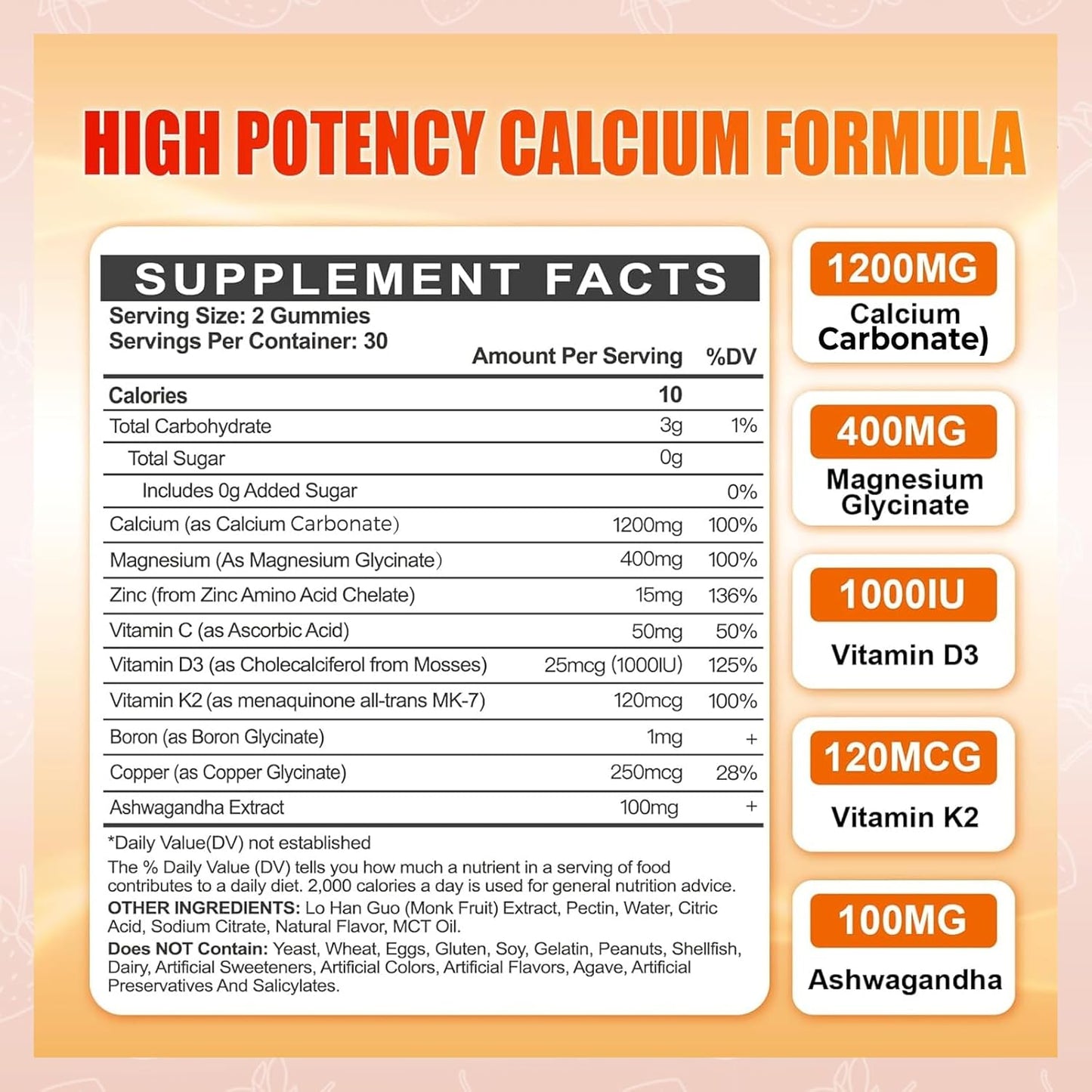 1200mg Calcium Gummies w/Vitamin D3 for Adults - High Absorption Calcium Supplement with Magnesium, K2, Copper, Boron, Zinc and Ashwagandha, Support Bone & Muscle, Sugar-Free for Women Men, 120 Count