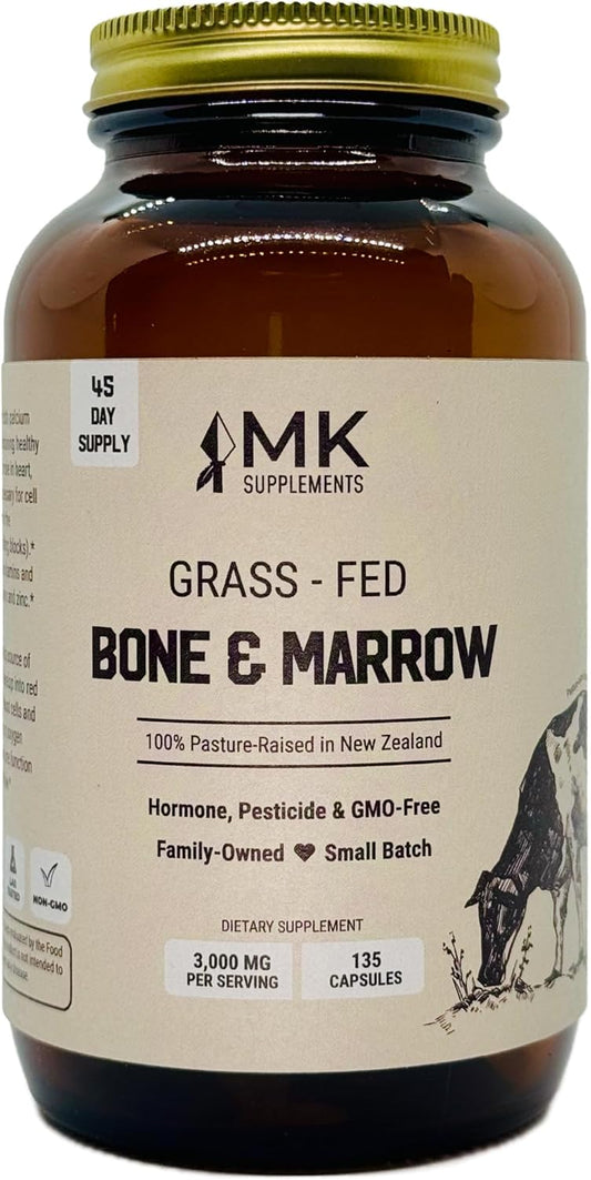 MK Supplements – Grass-Fed Beef Bone & Marrow 3000 mg, Beef Bone Marrow Supplement, 100% Pasture-Raised New Zealand Cattle, 45-Day Supply, Calcium for Teeth and Bones