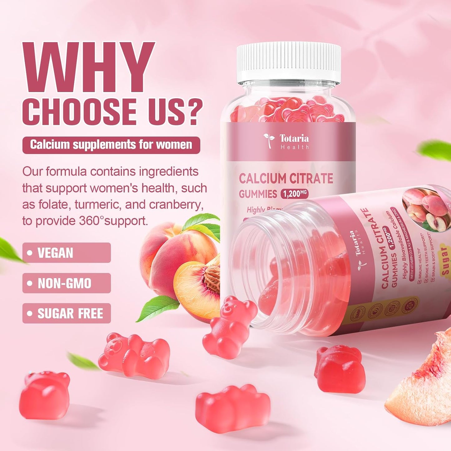 2 Pack Calcium Citrate Gummies 1200 mg - Calcium Supplements for Women with Vitamin D3 & K2,Magnesium,Zinc - Sugar Free Calcium Gummies for Bone & Teeth & Immune Support- Peach Flavor