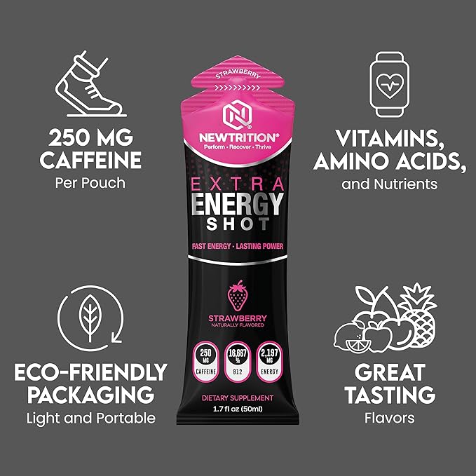 NewTrition® Extra Strength Energy Shots 1.7 fl oz - 250mg Caffeine with B Vitamins & Amino Acids, Sugar-Free Zero Calorie Vitamin Energy Drink for Focus & Endurance (Pack of 24, 4 Flavors - Mixed 3)