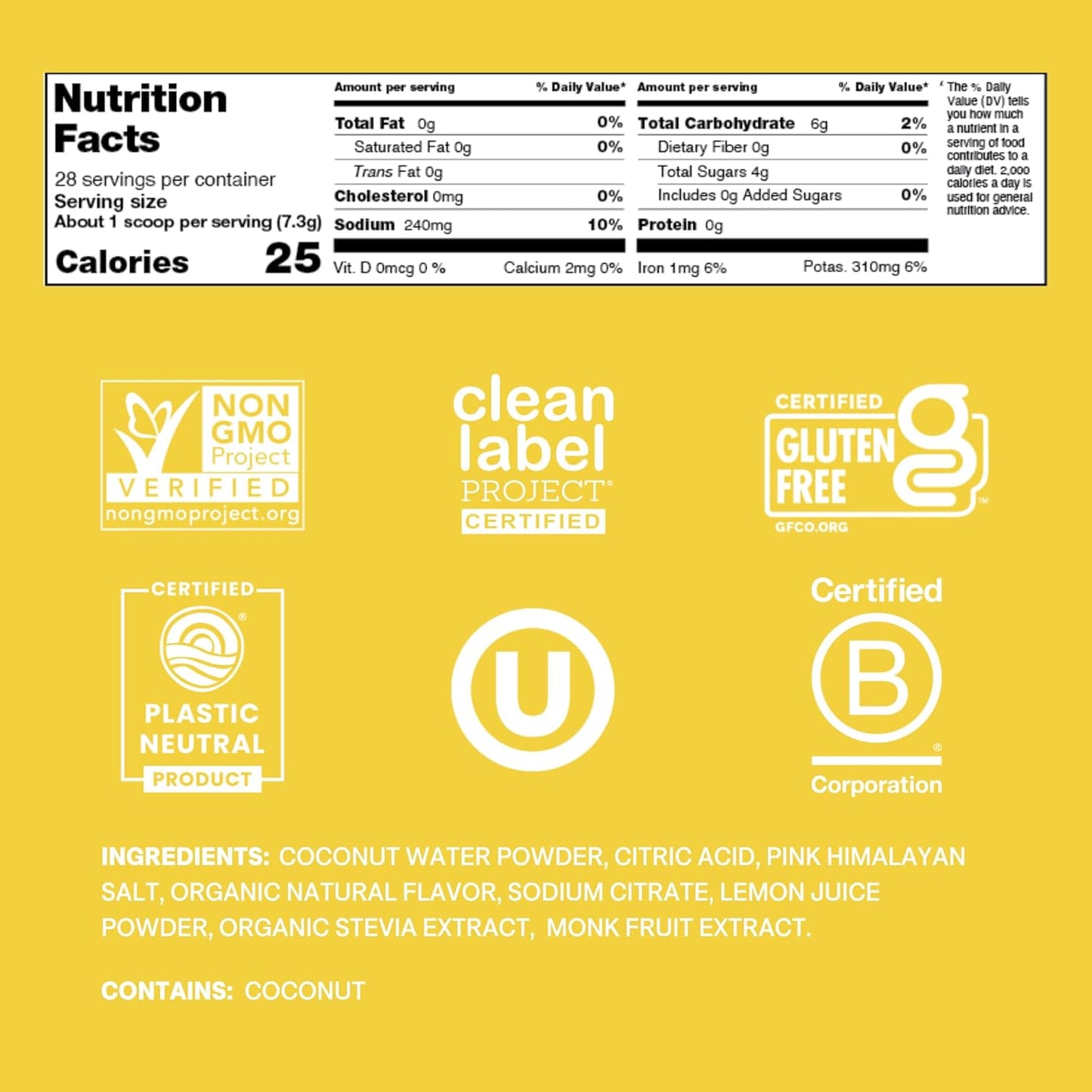 Cure Hydration | Plant-Based Electrolyte Drink Mix | No Added Sugar | FSA-HSA | Dehydration Relief Powder Made with Coconut Water | Non-GMO | Vegan | 28 Servings Jar - Lemonade