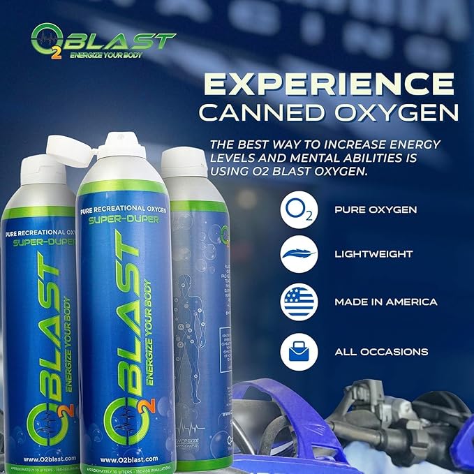 O2 Blast - Pure Oxygen Supplement - Filled with 99.99% Pure Oxygen to Support Fast Recovery, Increase Stamina & Enhanced Focus for High Altitude & Action Sports, 10L Portable Can Flip-Top Cap, 3-Pack