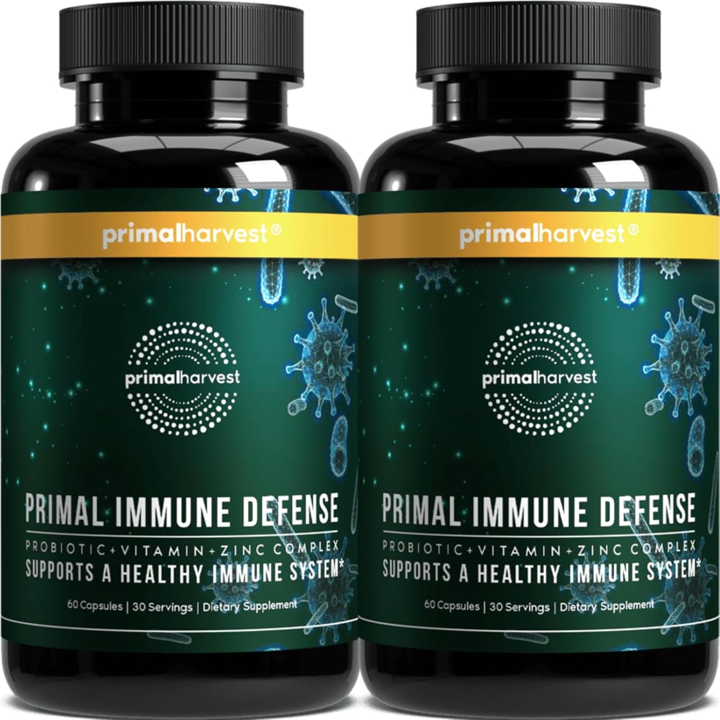 Primal Harvest Primal Immune Defense: 10-in-1 Immune Support with Probiotics, Zinc, Vitamins C, B6, D3 & K2, Immune Booster for Adults 60 Capsules (2-Pack)