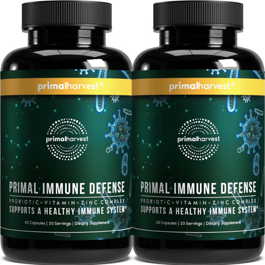 Primal Harvest Primal Immune Defense: 10-in-1 Immune Support with Probiotics, Zinc, Vitamins C, B6, D3 & K2, Immune Booster for Adults 60 Capsules (2-Pack)