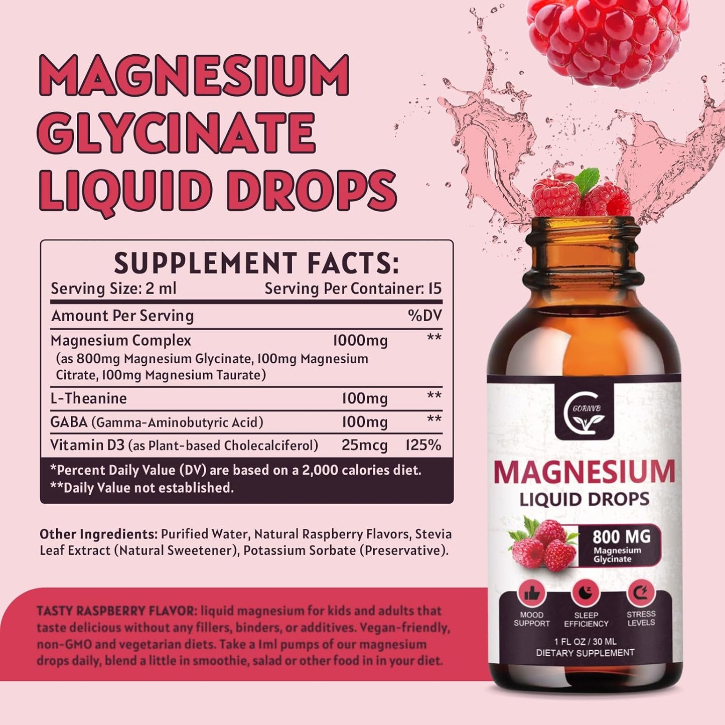 (2 Pack) Magnesium Glycinate Liquid Drops | 1000mg Liquid Magnesium Complex with D3, L-Thea & GABA for Energy, Sleep, Nerve and Heart Health, High Absorption, Raspberry Flavor