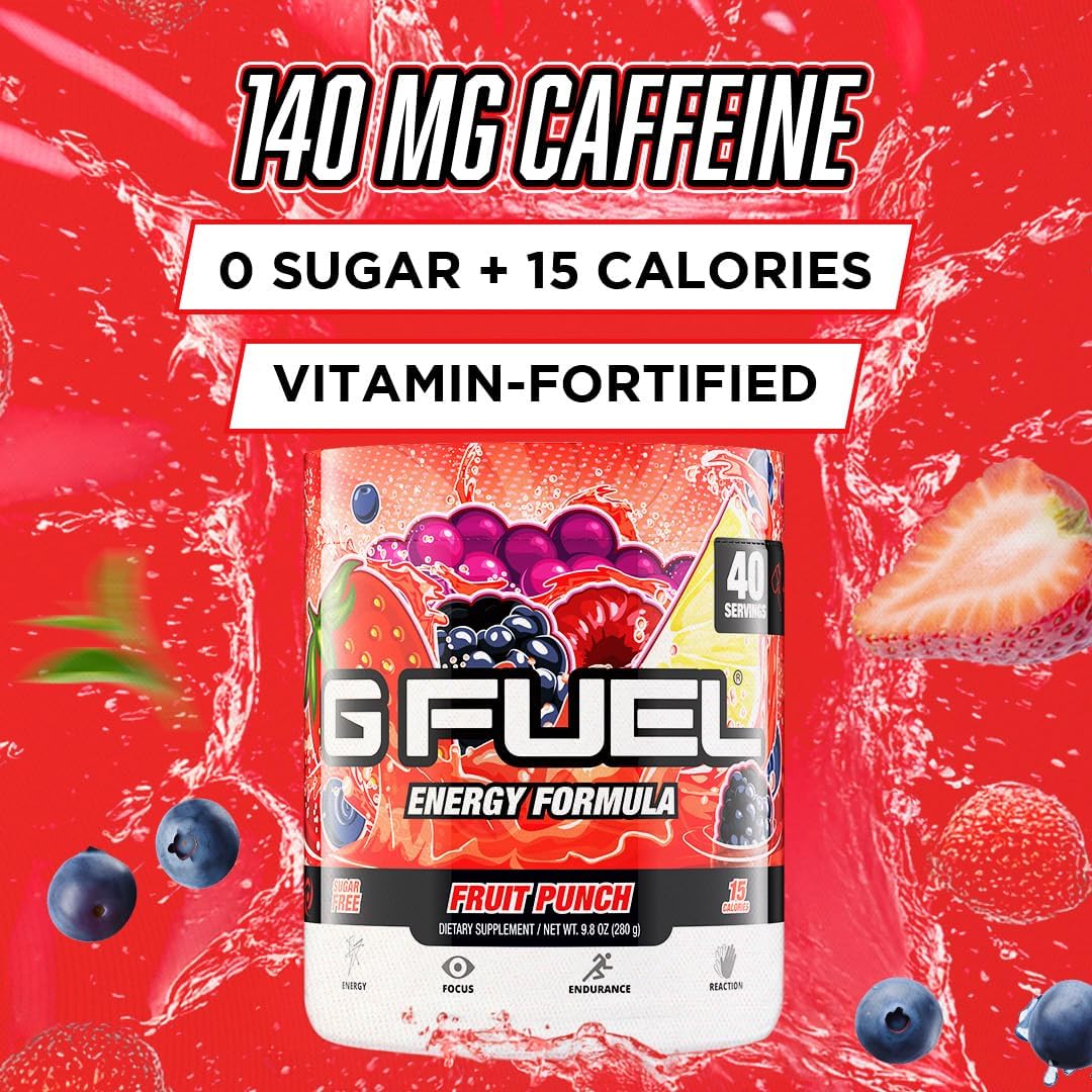 G Fuel Fruit Punch Energy Drink Powder, Pre Workout Caffeine Mix for Gaming, Sugar Free Focus Amino, Vitamin + Antioxidants, 9.9oz (Fruit Punch, 40 Servings)