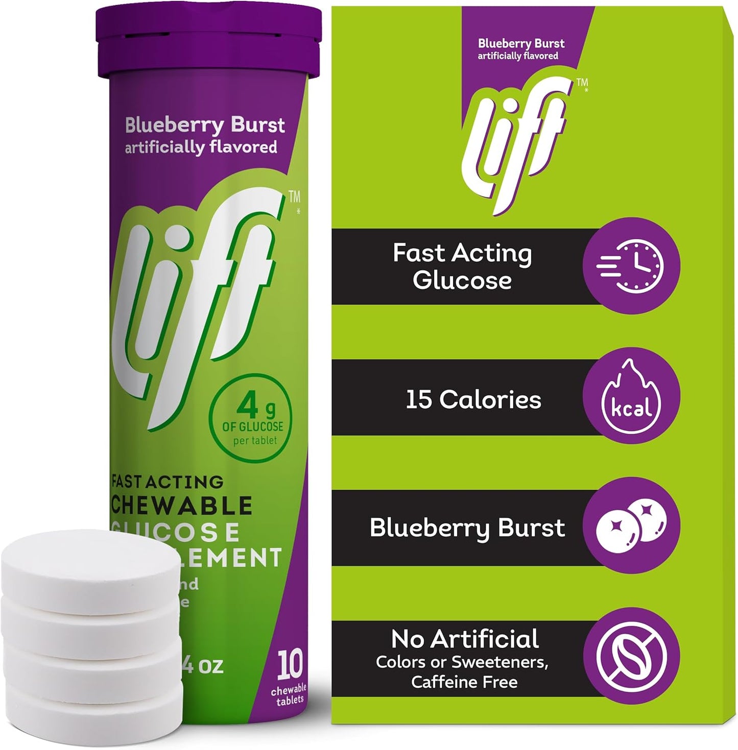 Lift Glucose Fast-Acting Glucose Chewable Energy Tablets, Blueberry, 10 ct Tube (Pack of 12)