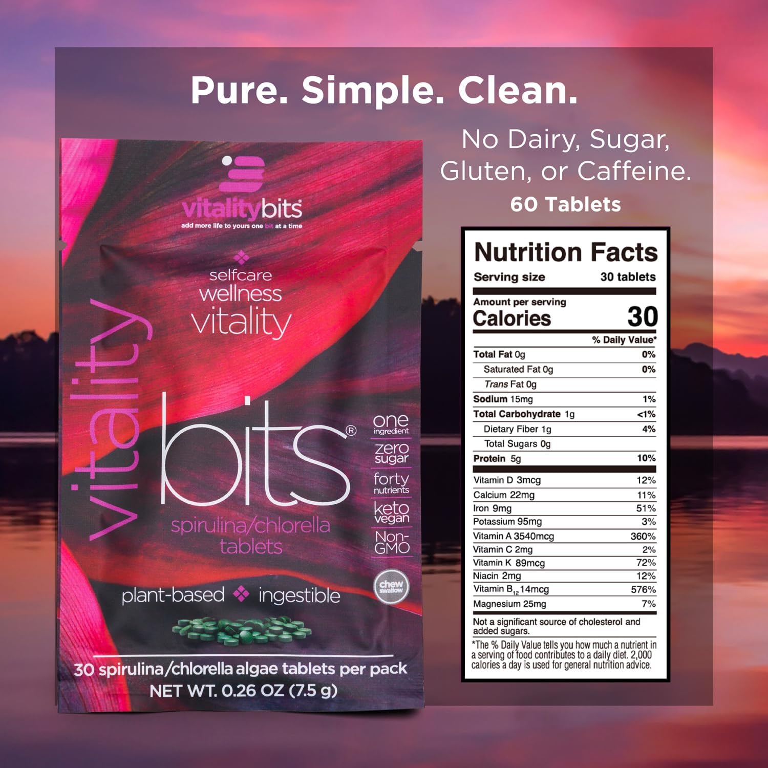 VITALITYbits - Organic Blended Spirulina & Chlorella Tablets - Algae Superfood - Energy, Self Care, Beauty - Replace Greens, Supplements, Protein, Snacks - Vegan, Keto, Gluten Free - 60 Tablets