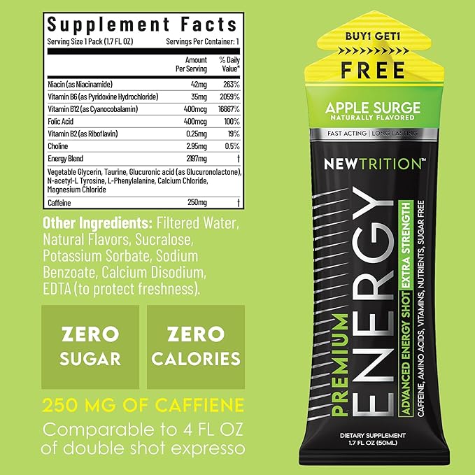 NewTrition® Extra Strength Energy Shots 1.7 fl oz - 250mg Caffeine with B Vitamins & Amino Acids, Sugar-Free Zero Calorie Vitamin Energy Drink for Focus & Endurance (Pack of 12, 4 Flavors - Mixed 2)