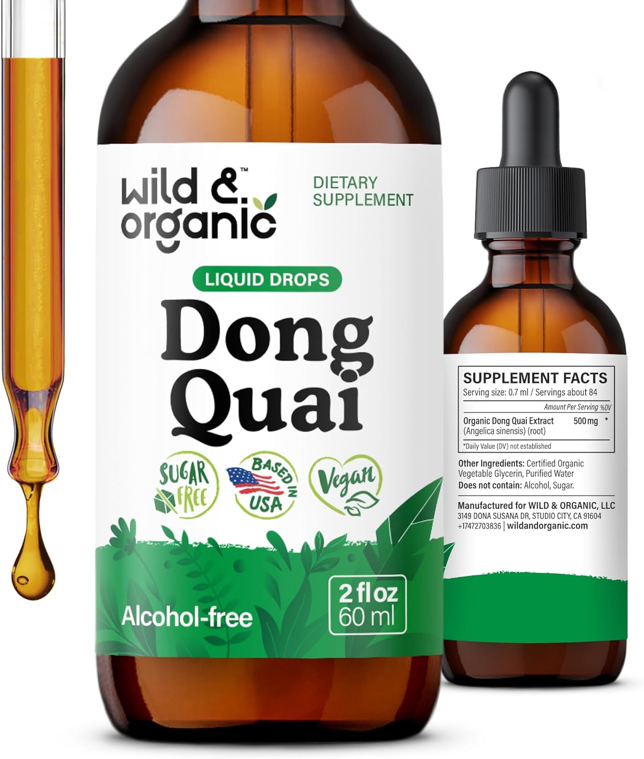 Wild & Organic Dong Quai Tincture 500 mg - Angelica Root Supplements for Women - Dong Quai Root Liquid Extract Drops - Angelica Sinensis Herb - No Sugar & Alcohol - 2 fl oz