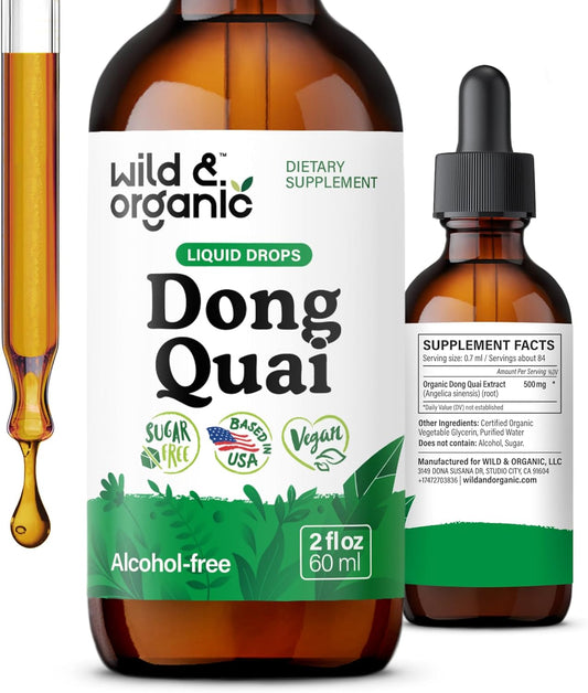 Wild & Organic Dong Quai Tincture 500 mg - Angelica Root Supplements for Women - Dong Quai Root Liquid Extract Drops - Angelica Sinensis Herb - No Sugar & Alcohol - 2 fl oz