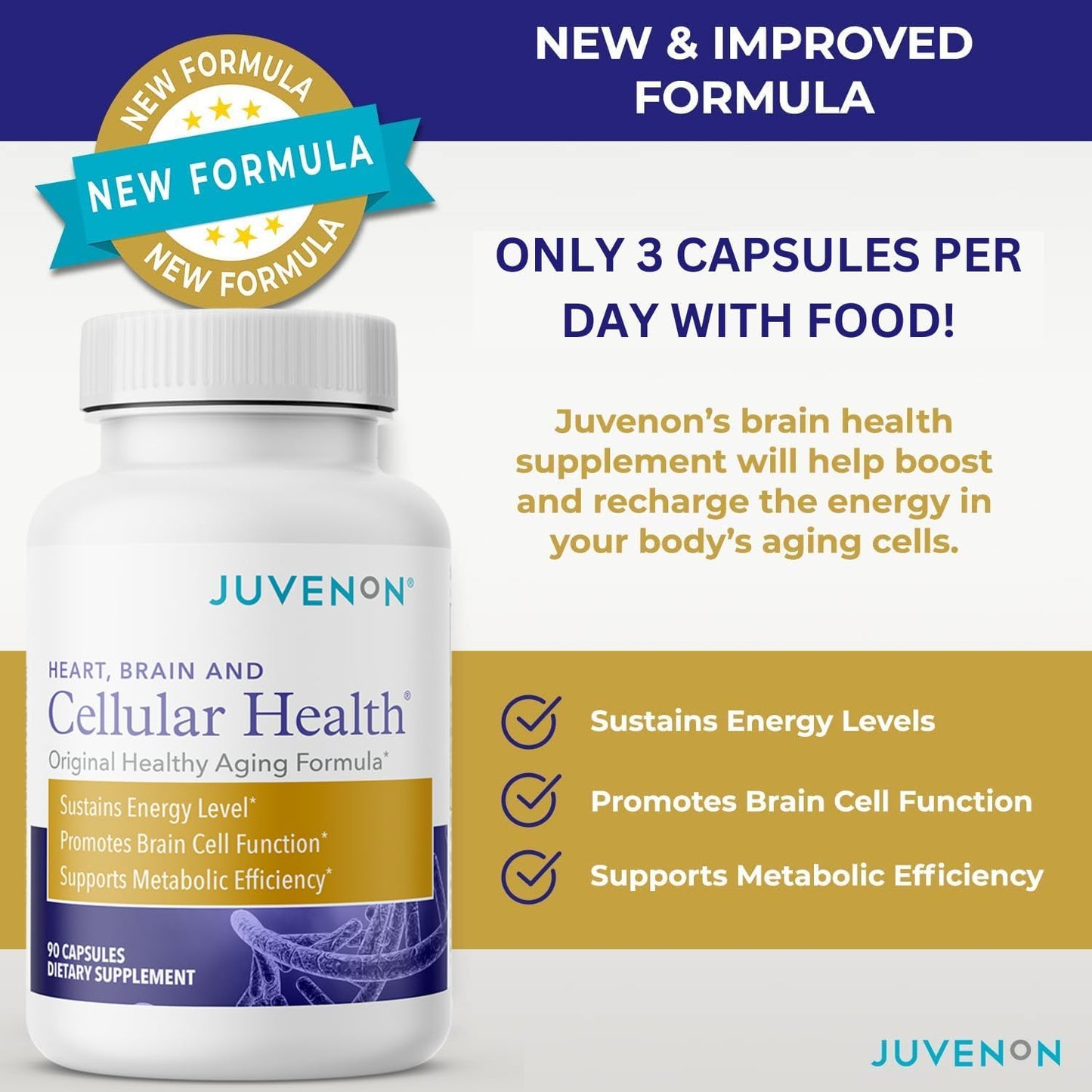 Juvenon Cellular Health | Heart, Brain Supplement with Acetyl L-Carnitine and Biotin - Supports NAD+ Function, Energy Production, Mood, Revitalized Metabolism, Mental Focus & Clarity (90 Capsules)