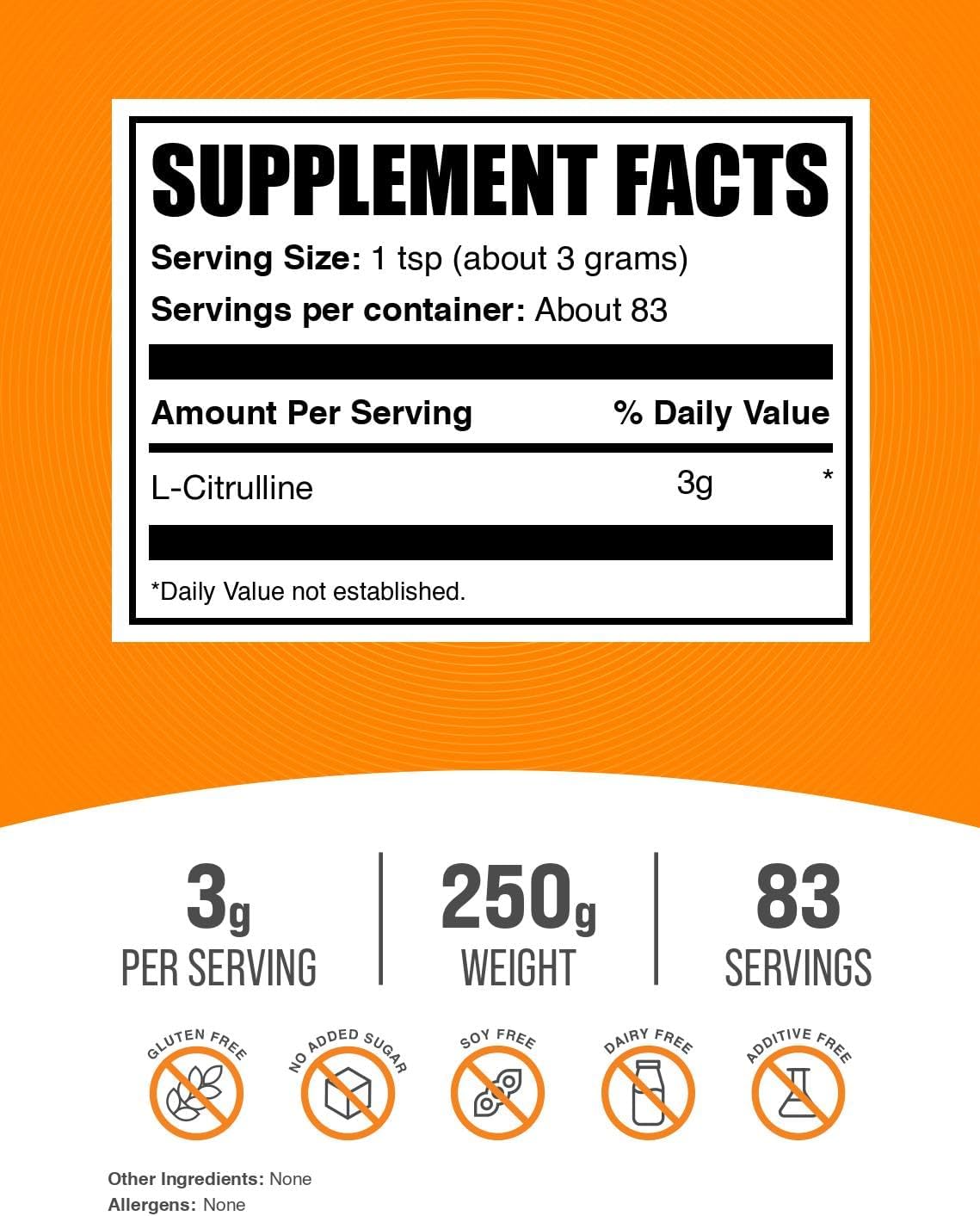 BulkSupplements.com L-Citrulline Powder - Citrulline Supplement, Nitric Oxide Supplement - Unflavored & Gluten Free - 3g per Servings, 250g (8.8 oz) (Pack of 1)