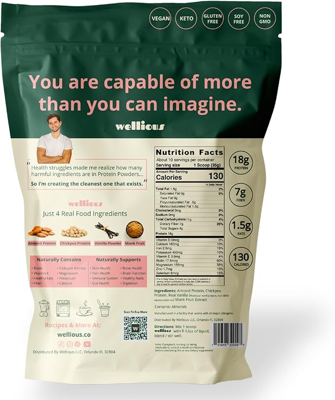 wellious Almond Protein Powder (Vanilla) - 18 Grams of Pure Healthiest Vegan Protein for Women & Men - Perfect Gluten-Free, Soy-Free & Smooth Gut Friendly Protein Powder for Sports Nutrition