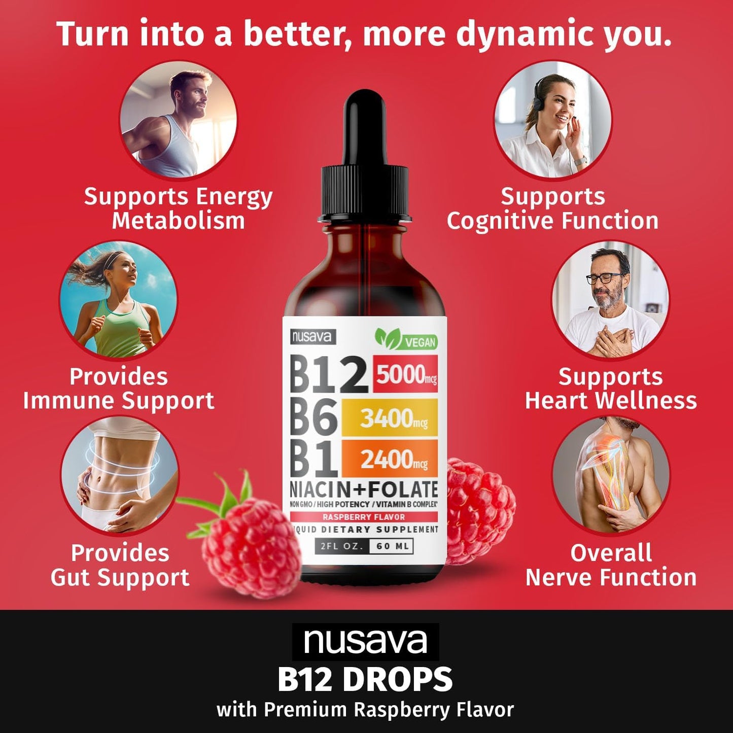 (4 Pack) Vitamin B12 and B6 Liquid Drops, B12 Sublingual Vitamin B Complex - B 12 Vitamin 5000mcg - B12 Methylcobalamin for Energy, Brain, and Heart Support with 27,200 mcg, Raspberry, 80 Servings