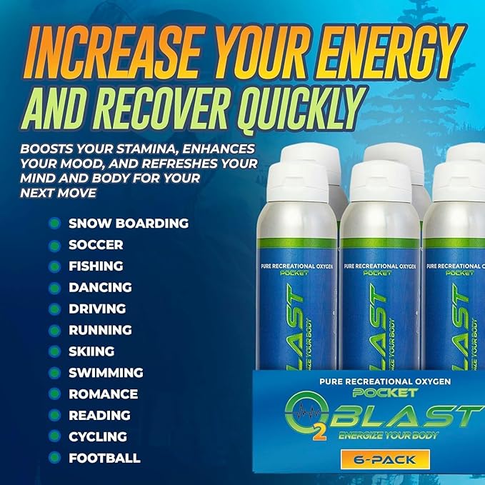 O2 Blast - Pure Oxygen Supplement - Filled with 99.99% Pure Oxygen to Support Fast Recovery, Increase Stamina & Enhance Focus for High Altitude and Action Sports, 4L Portable Can Flip-Top Cap, 6-Pack