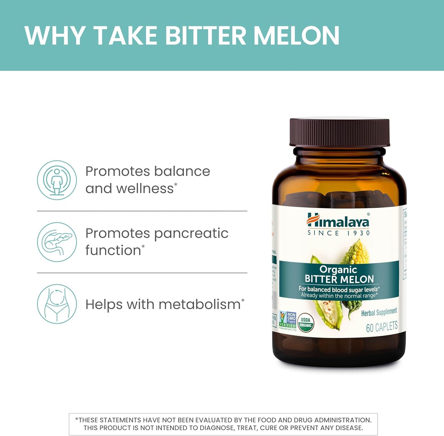 Himalaya Organic Bitter Melon - Herbal Glucose Metabolism Support - USDA Organic, Non-GMO, Vegan, Gluten Free, 660 mg, 60 Caplets