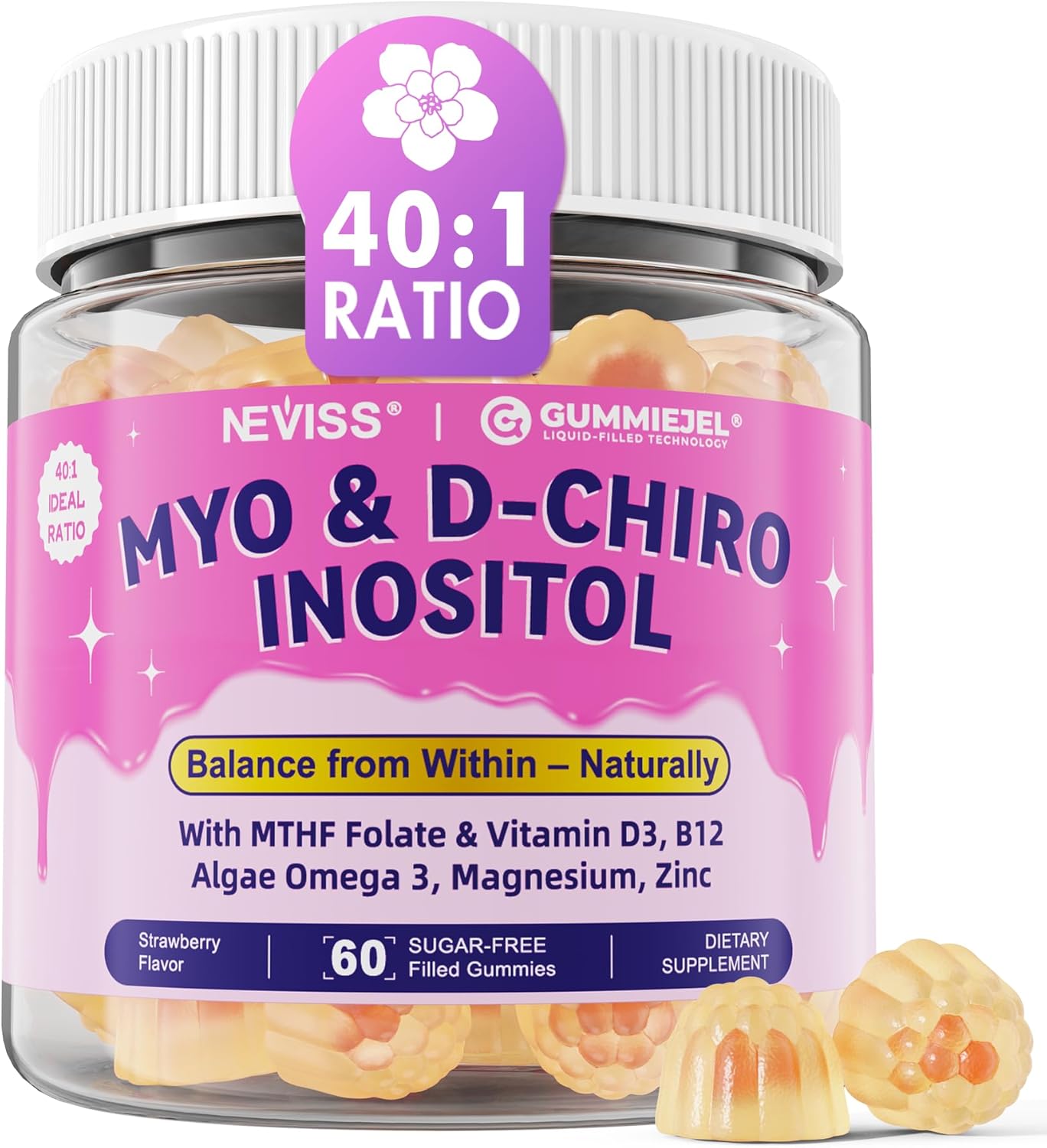 2 Pack Myo-Inositol & D-Chiro Inositol, Hormone Balance for Women | Sugar Free Inositol Gummies w/Omega 3, MTHF Folate, Vitamin D3, B12, Magnesium & Zinc for Ovarian Health, Ideal 40:1 Ratio, Vegan