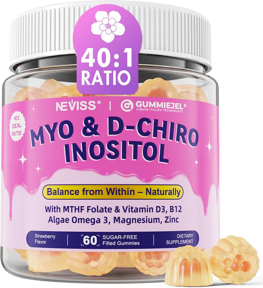 2 Pack Myo-Inositol & D-Chiro Inositol, Hormone Balance for Women | Sugar Free Inositol Gummies w/Omega 3, MTHF Folate, Vitamin D3, B12, Magnesium & Zinc for Ovarian Health, Ideal 40:1 Ratio, Vegan