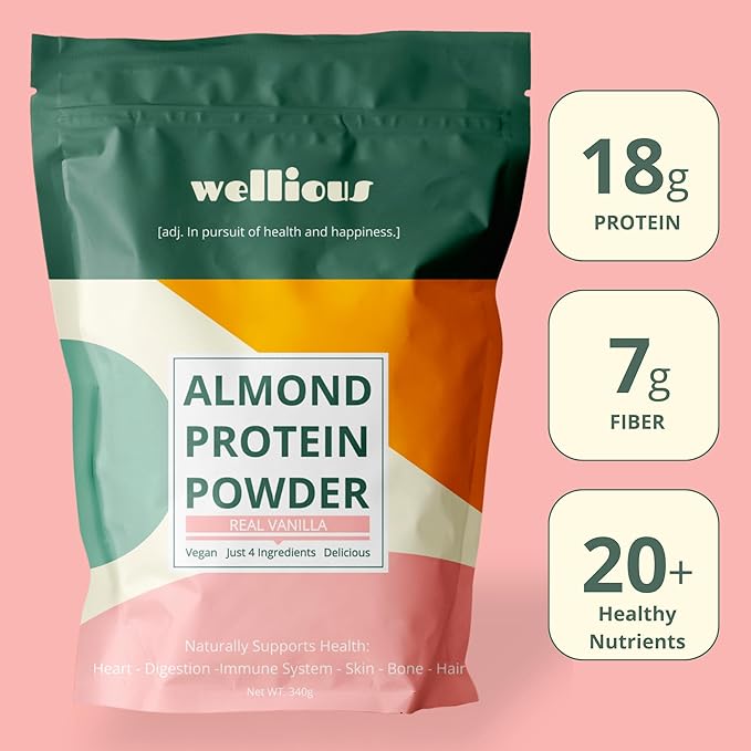 wellious Almond Protein Powder (Vanilla) - 18 Grams of Pure Healthiest Vegan Protein for Women & Men - Perfect Gluten-Free, Soy-Free & Smooth Gut Friendly Protein Powder for Sports Nutrition