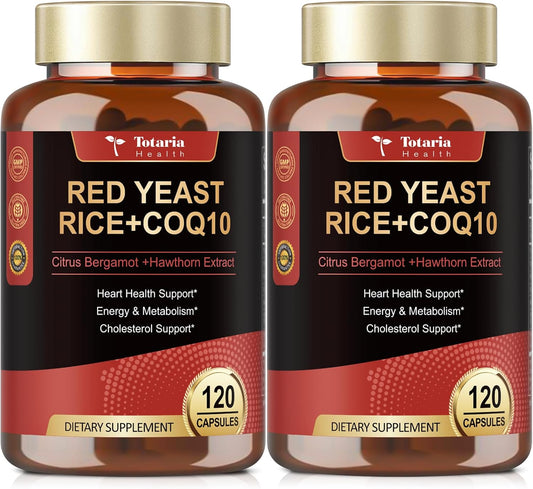 (2 Packs) Red Yeast Rice with CoQ10 Supplement - Citrinin-Free Red Yeast Rice 2,000 mg Capsules with CoQ10 100mg Plus Citrus Bergamot - Niacin-Free, Cholesterol & Energy Supplement 3rd-Party Tested