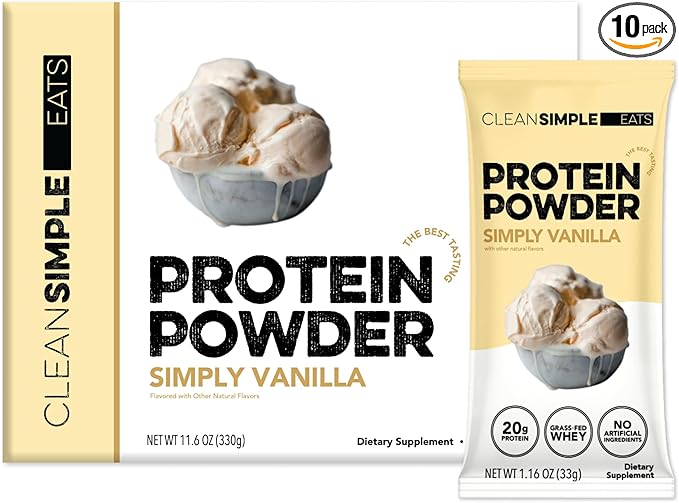 Clean Simple Eats Whey Protein Powder, Simply Vanilla Flavor Naturally Sweetened, 100% Grass Fed Protein Powder with Digestive Enzymes & No Artificial Ingredients, Gluten Free, 10 Stick Packs