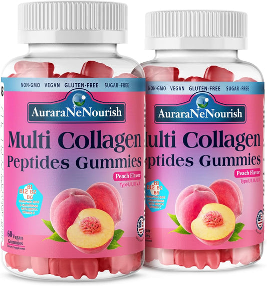 2 Pack Multi Collagen Peptides Gummies, Sugar Free Hydrolyzed 5000mg Protein丨Type I,II,III,V,X with Biotin Hyaluronic Acid Vitamin C A D B6 B12 L-Glutathione for Skin Hair Nail & Joint -Peach