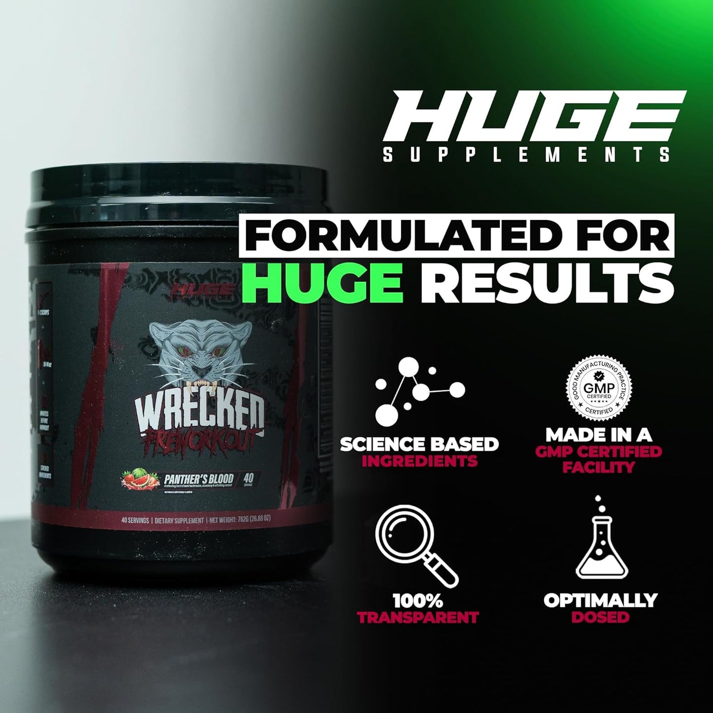 Wrecked Pre Workout, Advanced Formula, Boosts Energy, Focus, Pumps & Performance, 10g L-Citrulline, 6.4g Beta Alanine, 5g Tyrosine, 1g Alpha GPC, 375mg Fast-Acting Caffeine & More (Panther's Blood)