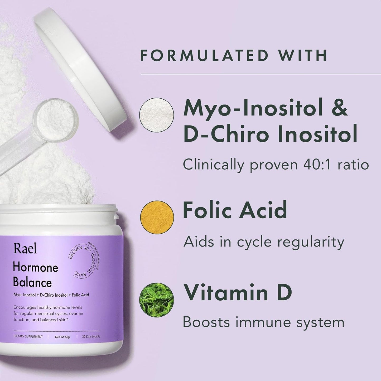 Rael Hormone Balance for Women, Inositol Powder Supplement - Ovarian Function Support, Vitamin B8, 40:1 Proven Ratio, Folic Acid, Vegan (30 Servings)
