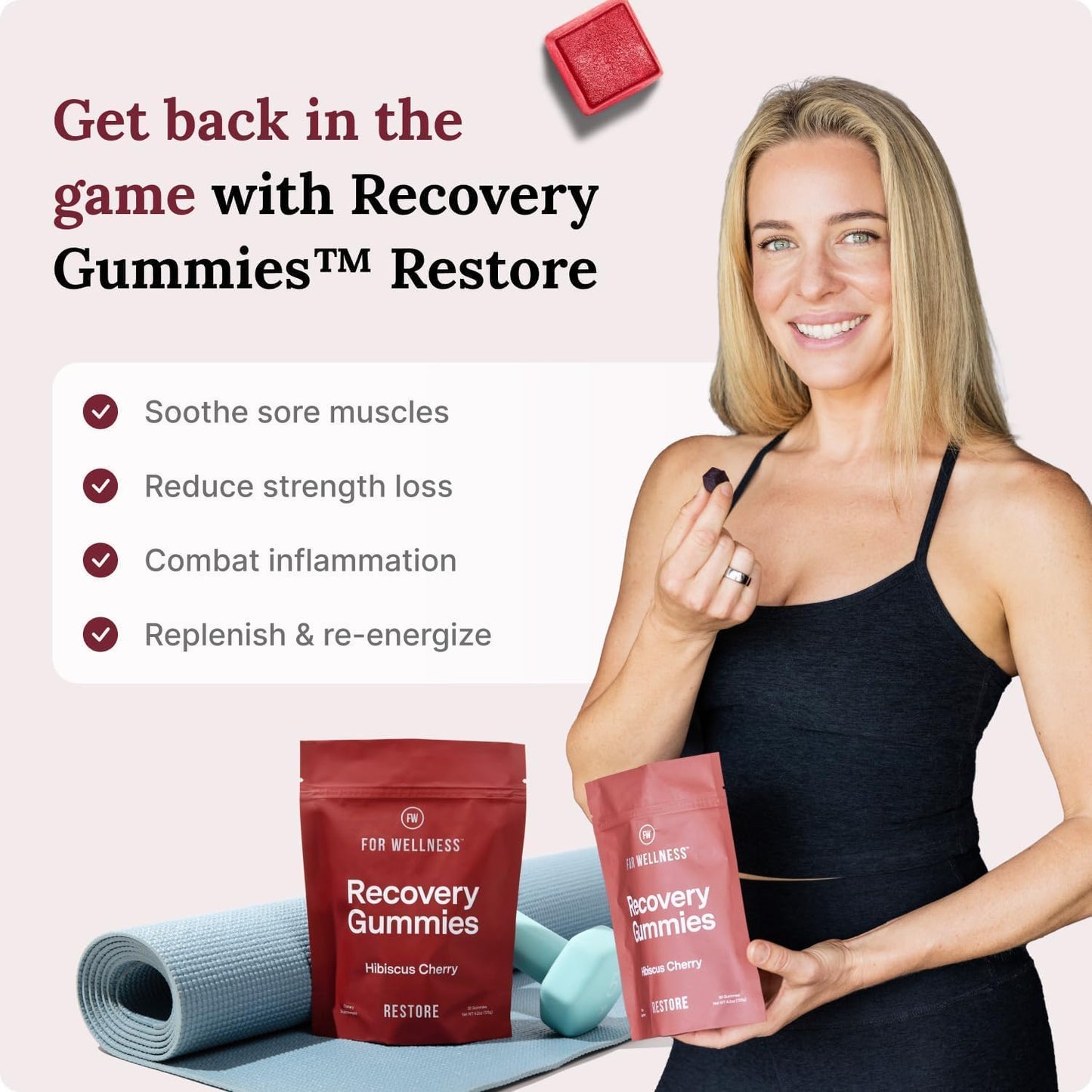 Recovery Gummies Restore - Tart Cherry Gummies for Muscle Recovery - Hibiscus Cherry Flavor with Antioxidants & Electrolytes Combats Soreness, Boosts Energy - Vegan, Non-GMO, Gluten-Free - 90ct