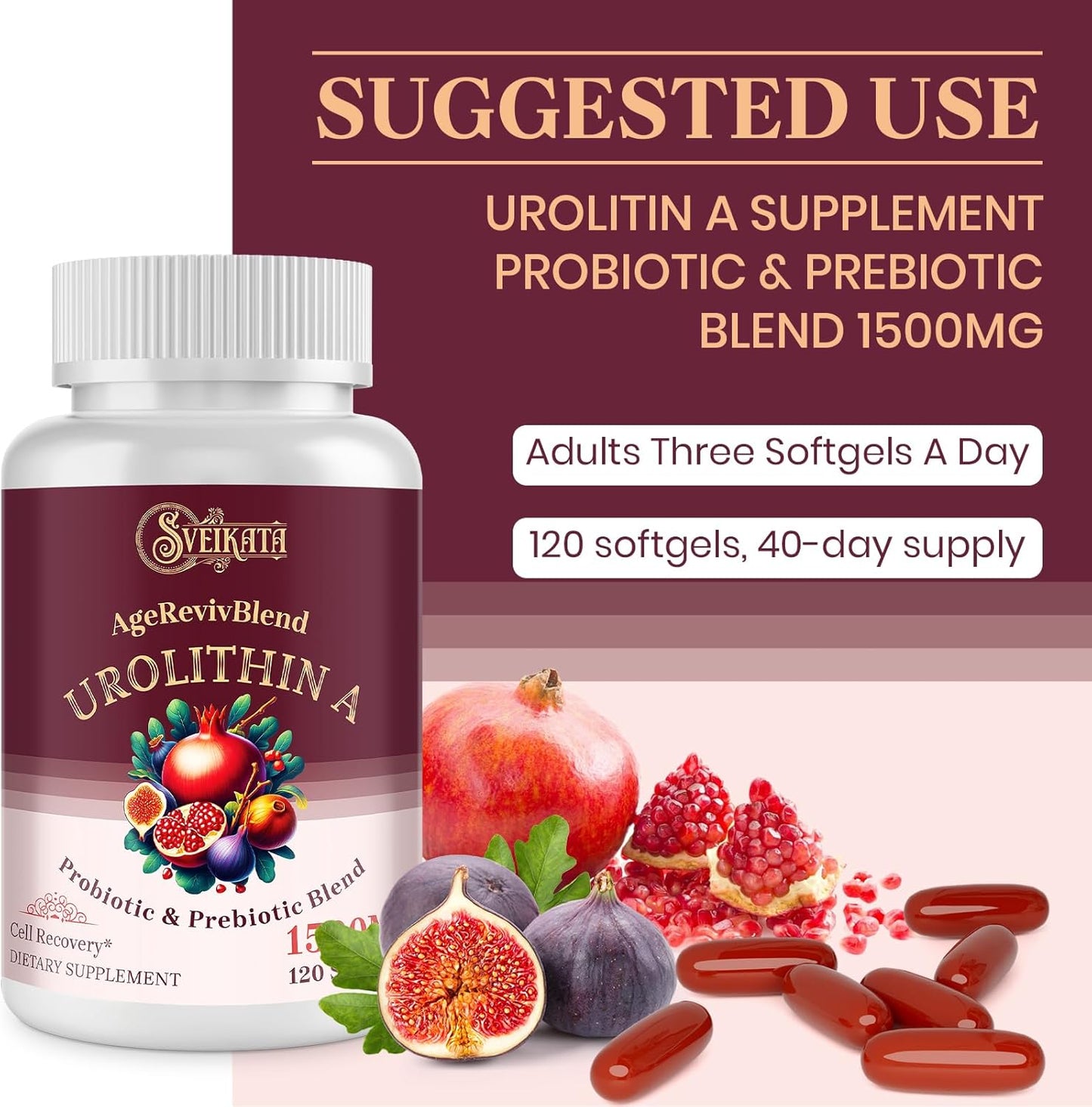 Urolithin A Supplement 1500mg – Urolithin A for Healthy Aging & Mitochondrial – Probiotic & Prebiotic Blend with Pomegranate Extract – 120 Softgels